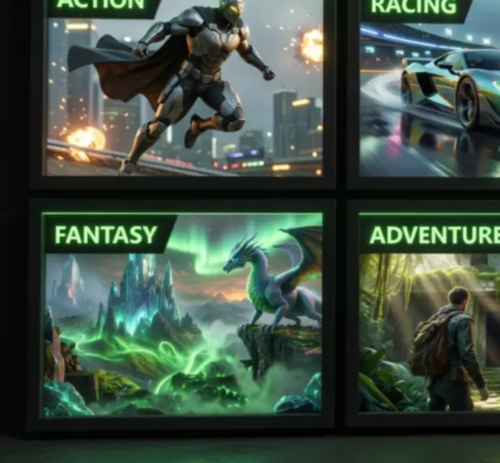 Xbox játék kategóriák futurisztikus rácselrendezésben.