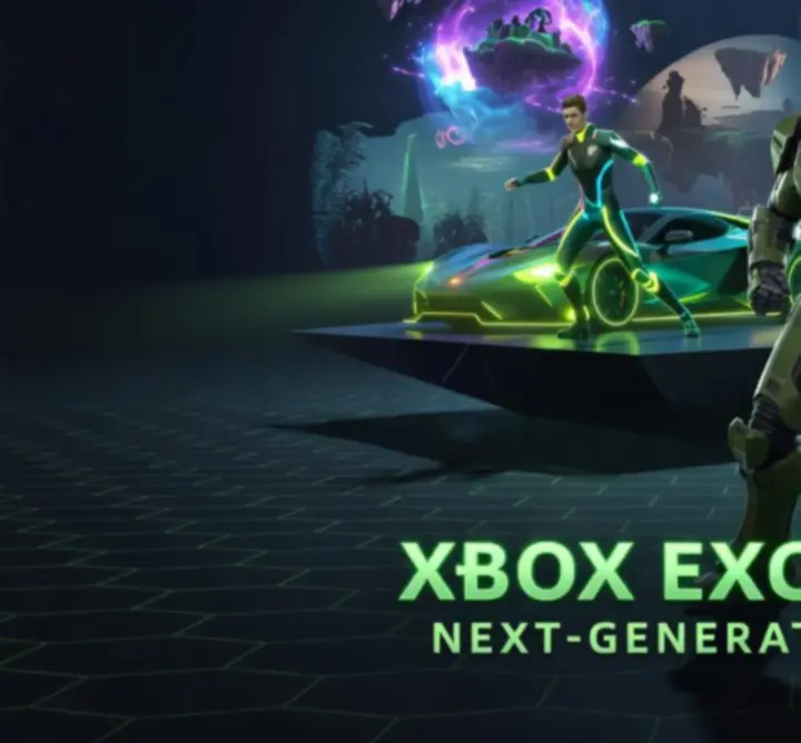 Cinematikus jelenet Xbox-exkluzív játékokból zöld fényekkel és futurisztikus hangulattal